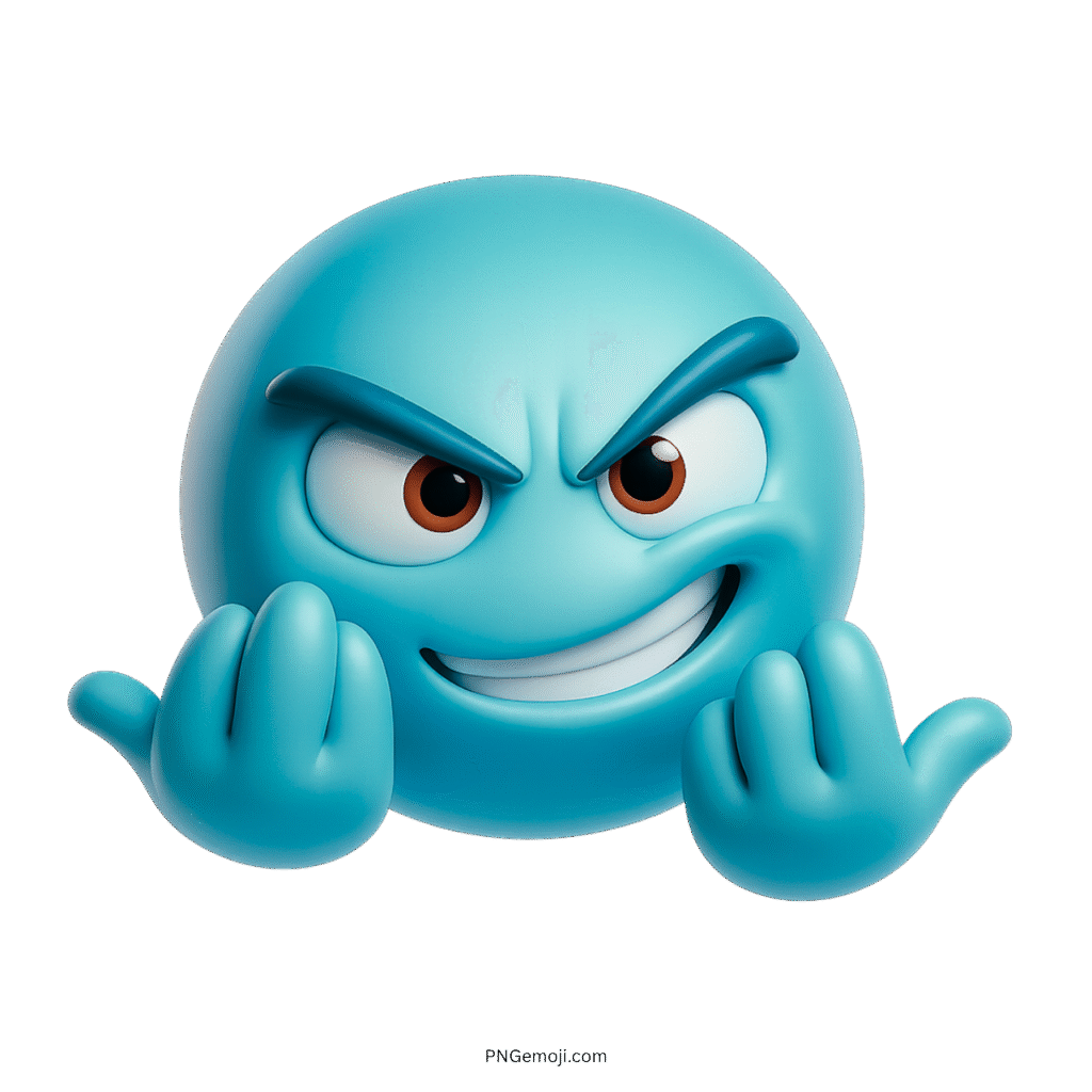 3D aqua C'Mon emoji with mischievous smirk and raised double-hand gesture