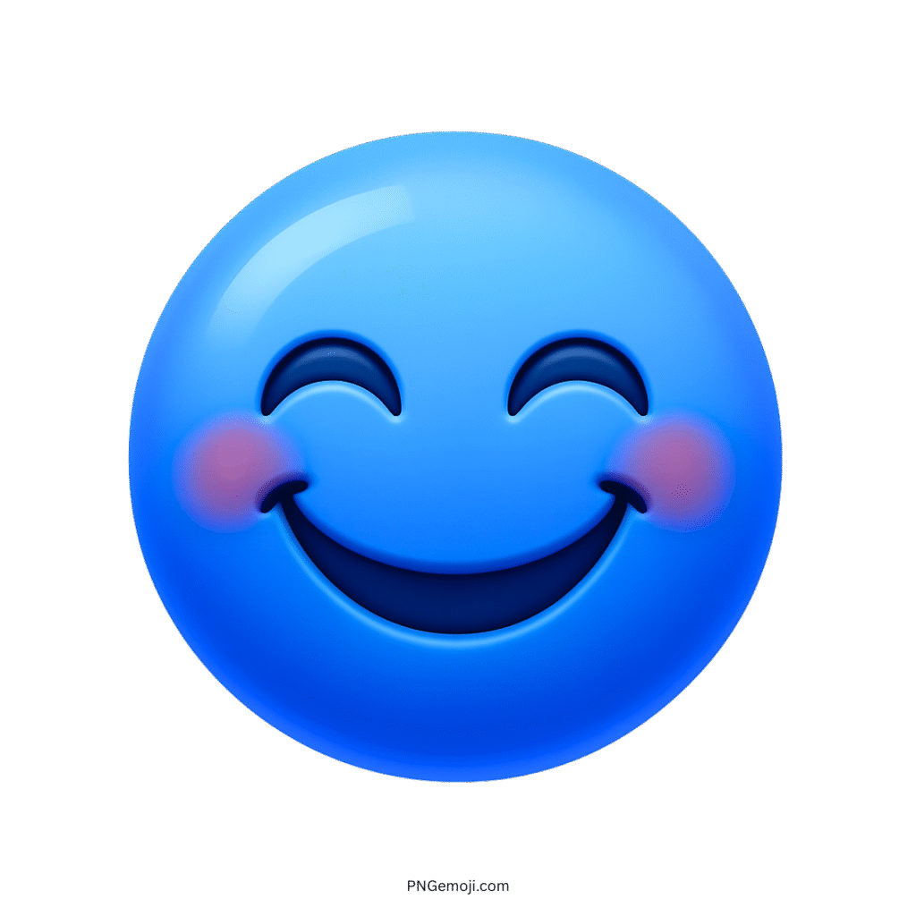 3D blue happy emoji with big grin and pink rosy cheeks expression
