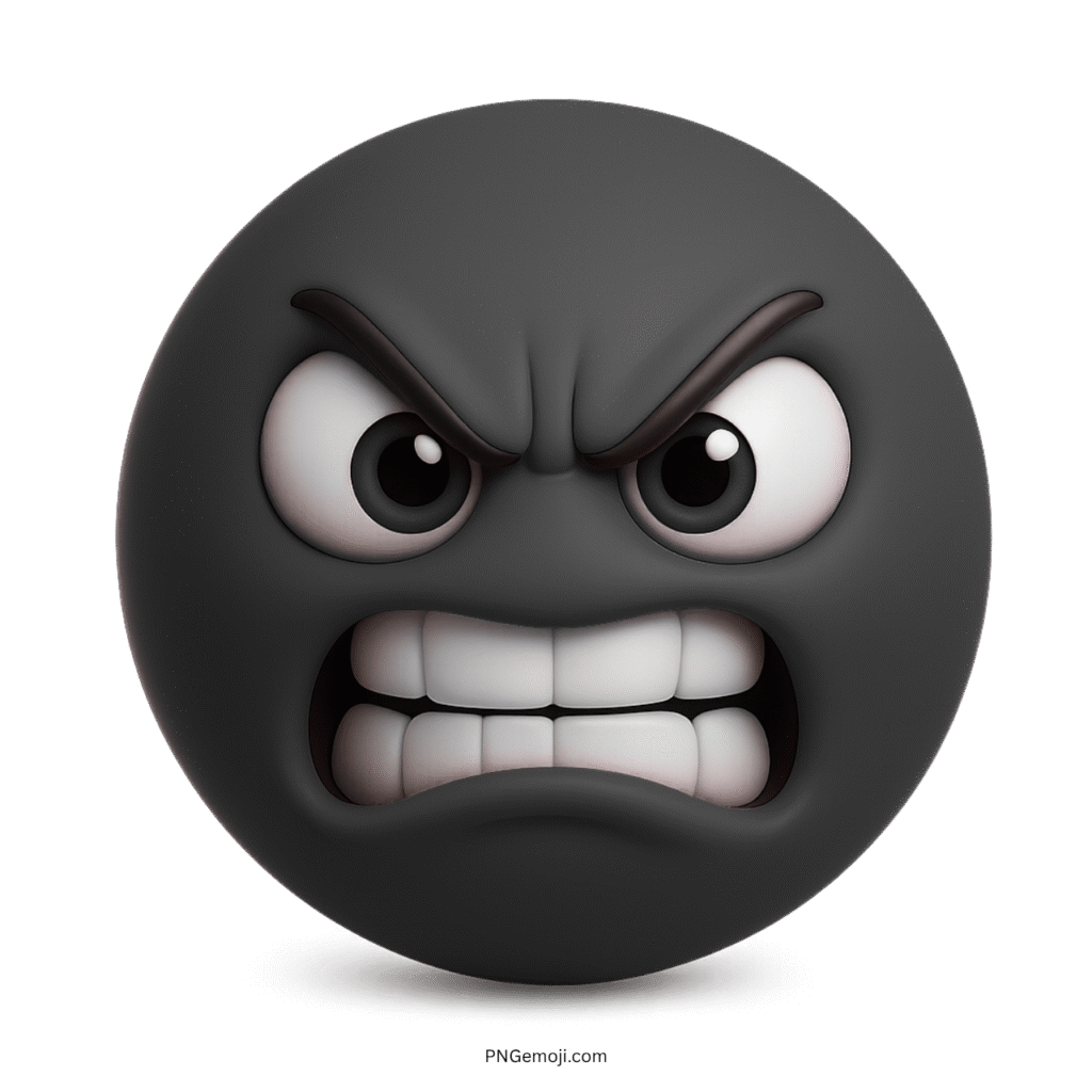 3D black angry smiley emoji with furious eyes and clenched teeth expression