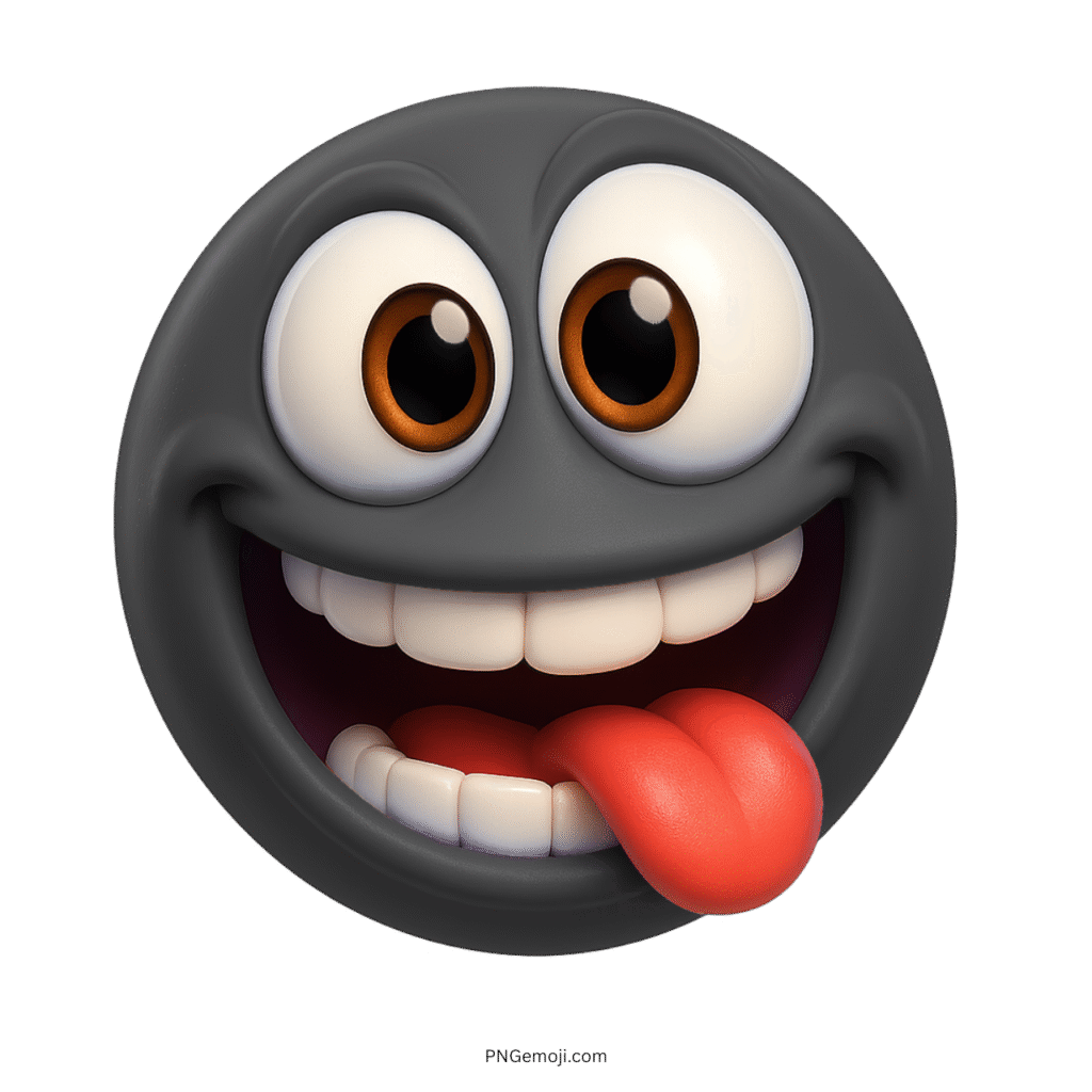 3D black goofy smiley face with large eyes, open mouth, and red tongue out