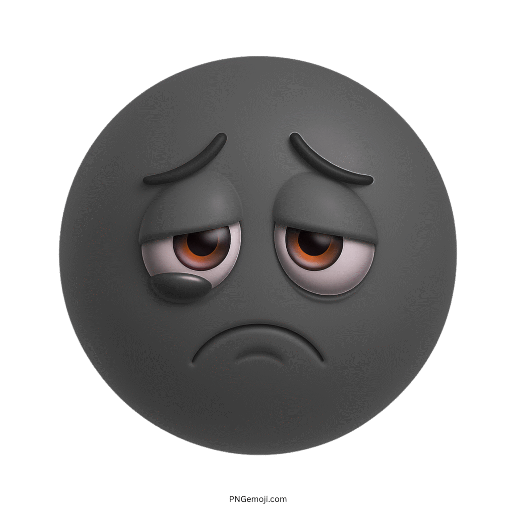 3D black sad emoji face with teardrop, tired eyes, and gloomy expression