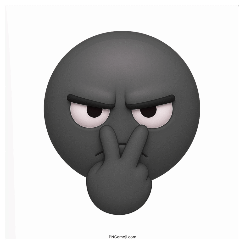 3D black emoji face with intense eyes and fingers pointed, expressing suspicion and alertness