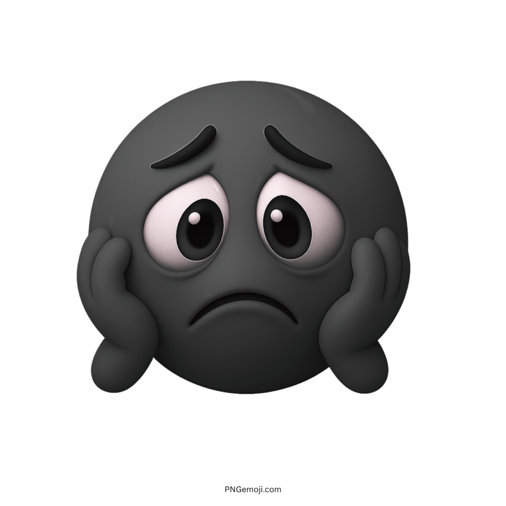 3D black worried emoji face with hands on cheeks and sad eyes