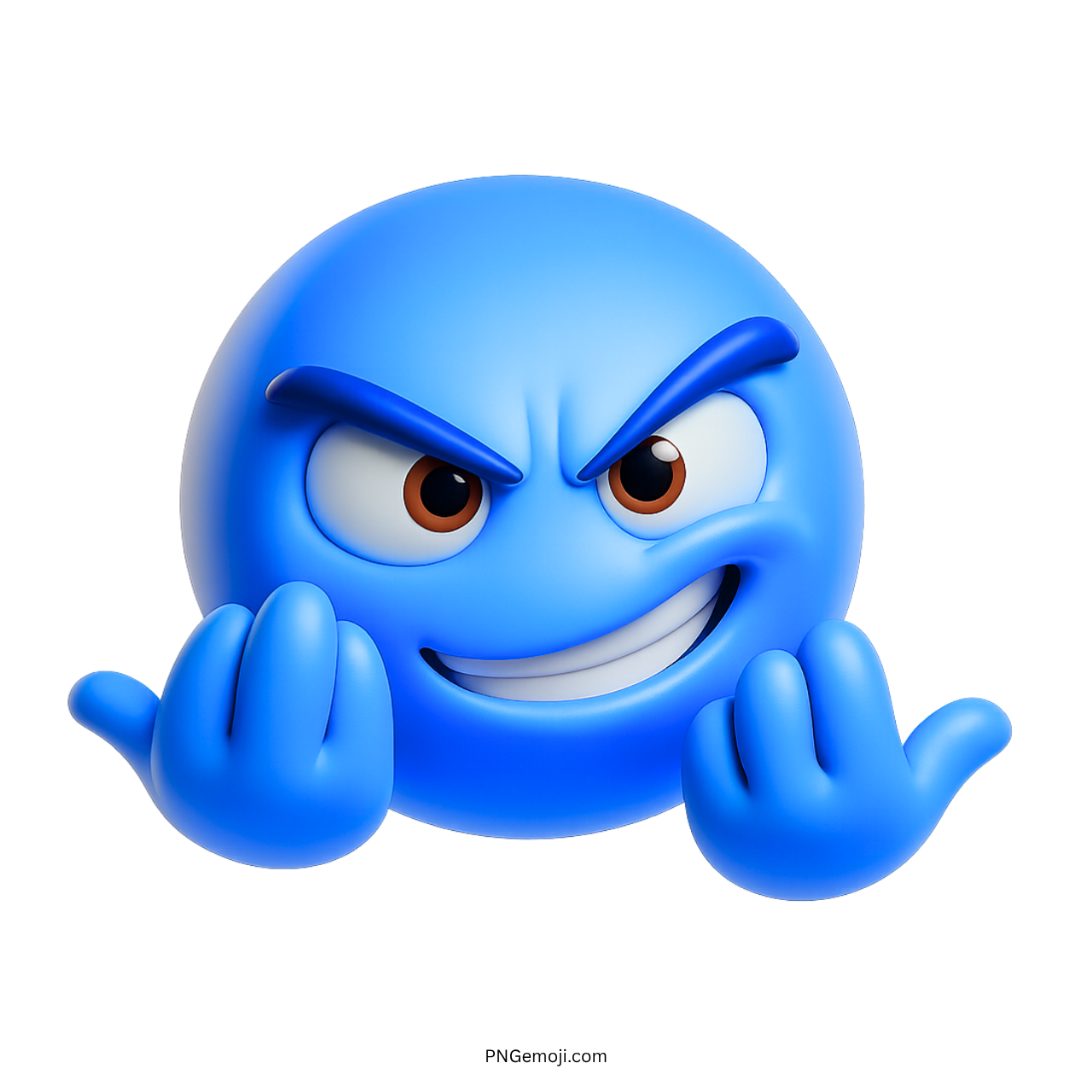 3D blue C'Mon emoji with angry face and gesturing hands, transparent background