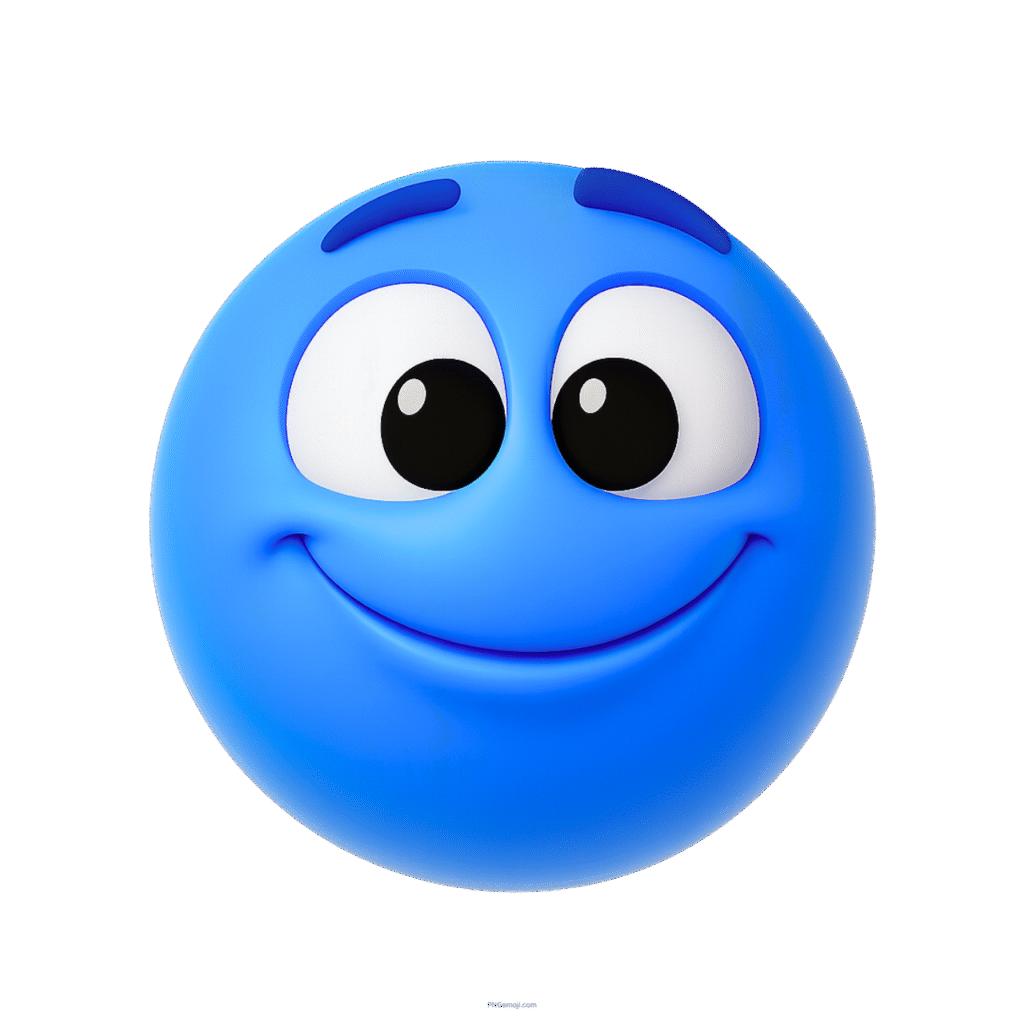 3D blue emoji with happy contented grin and wide cartoon-style smiling eyes