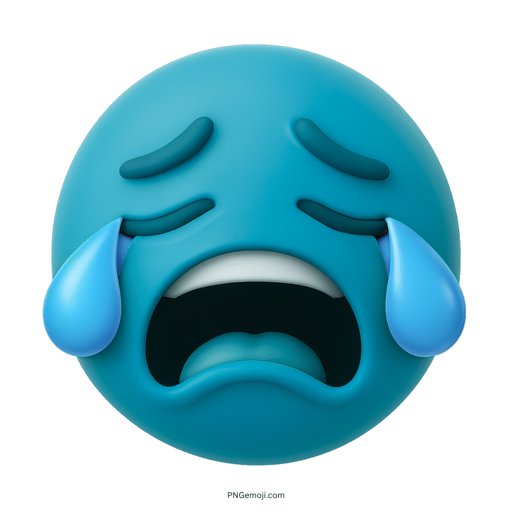 3D blue sobbing emoji face with tears, showing deep sadness and crying expression