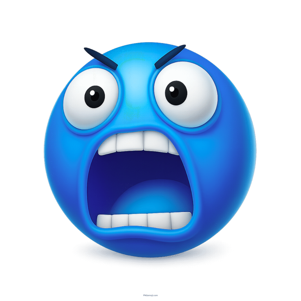 3D blue emoji with wide open mouth, shocked face and angry expression