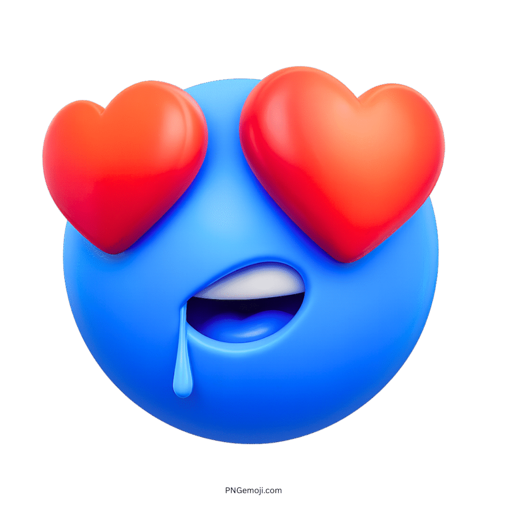 3D blue emoji with heart eyes and drooling expression showing deep love emotion