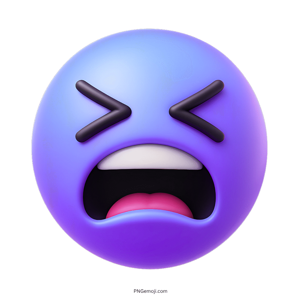 3D blue-purple frustrated face emoji with clenched eyes and angry, upset facial expression
