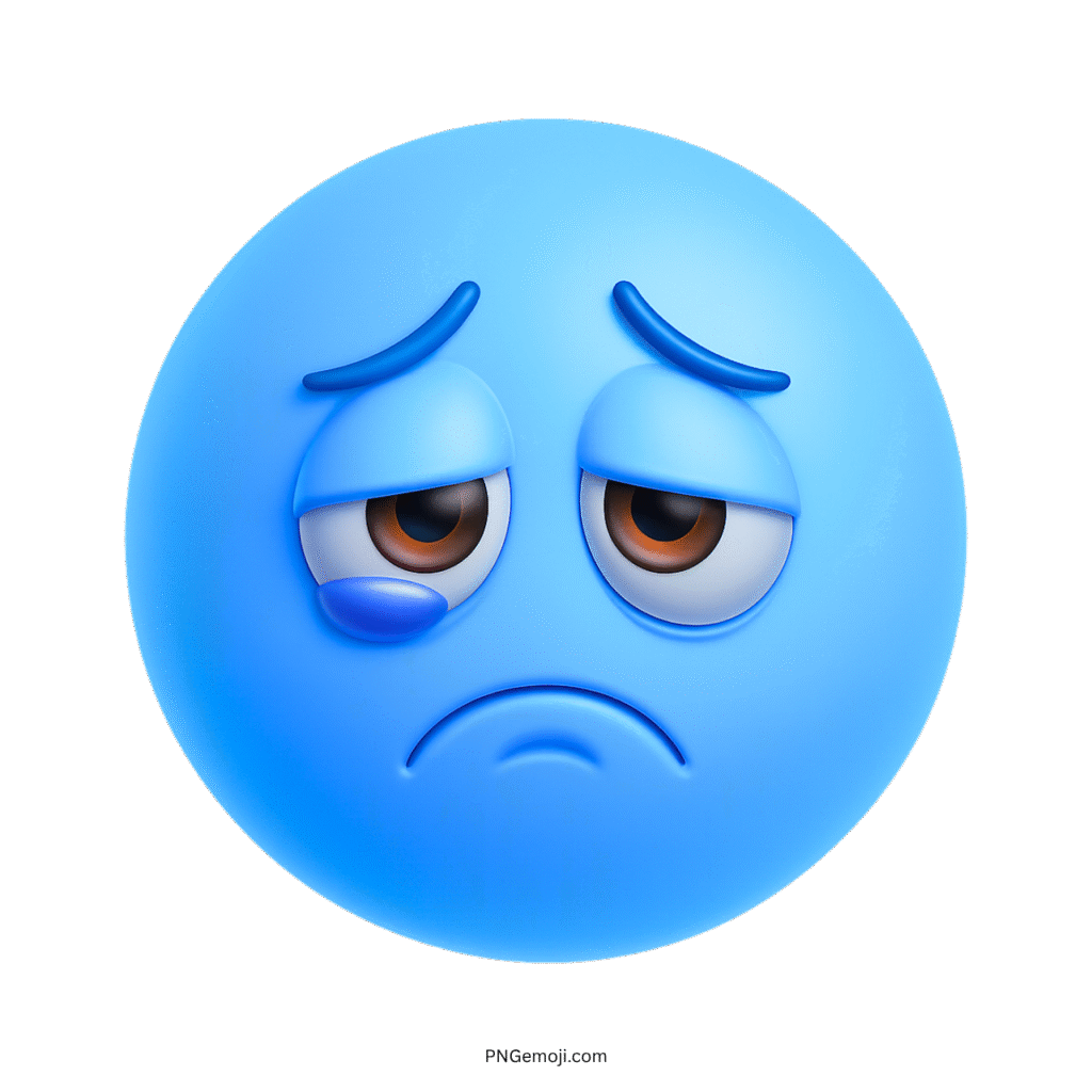3D sad blue emoji with teardrop, tired eyes, and sorrowful facial expression