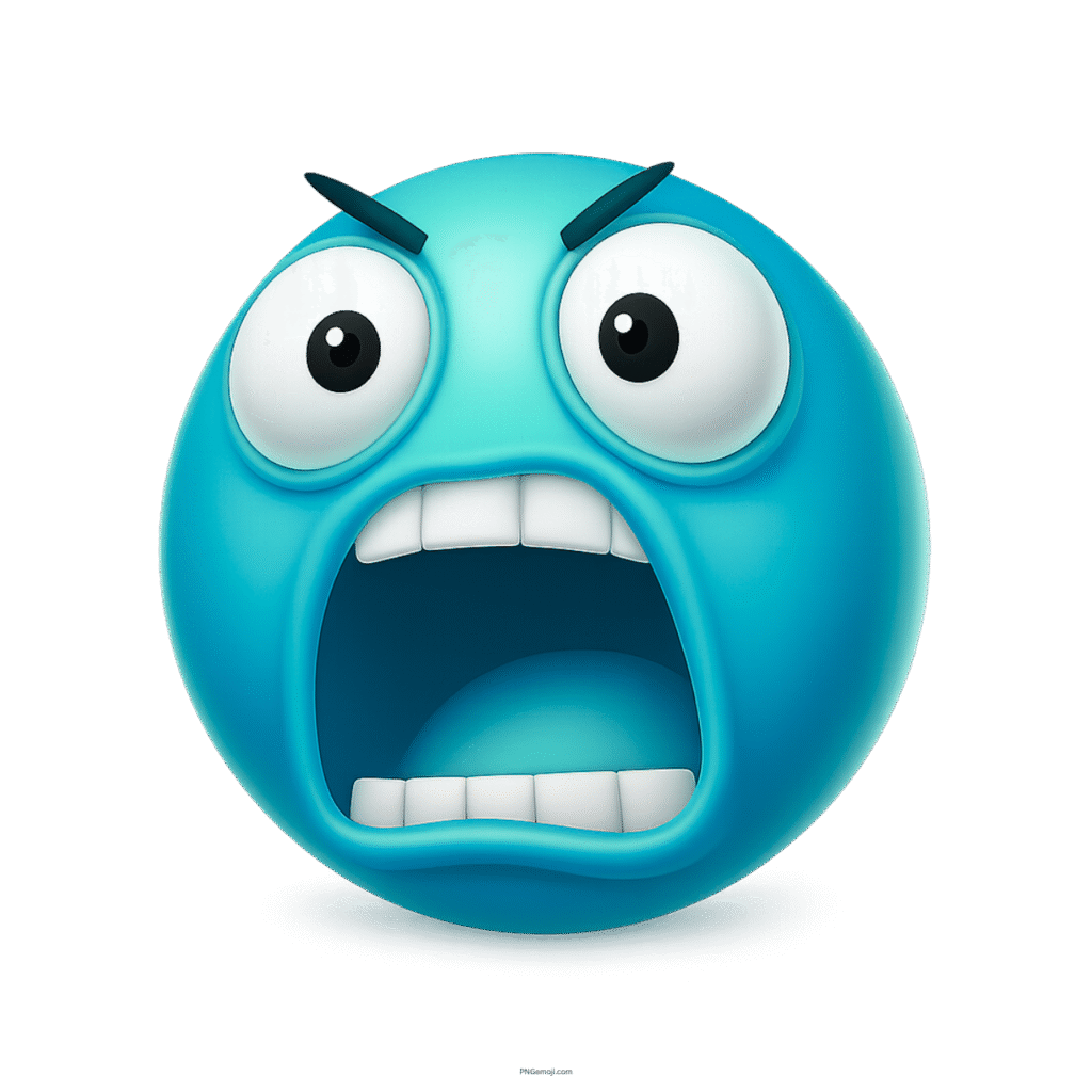 3D blue shocked emoji face with wide open mouth and raised eyebrows for reactions