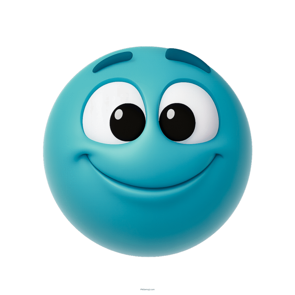 3D blue emoji with big cartoon eyes and happy smile on transparent background