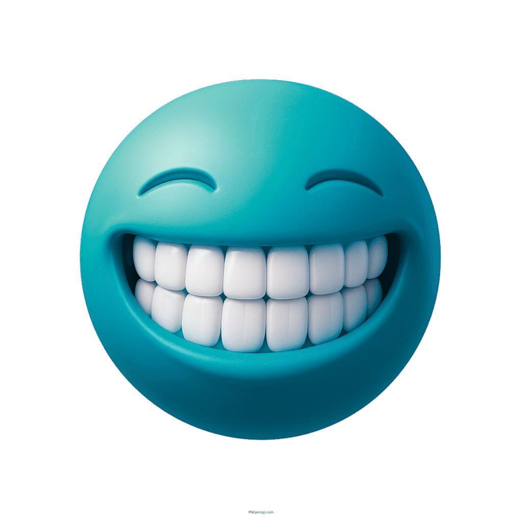 3D blue smiley face emoji showing big toothy grin with cheerful expression