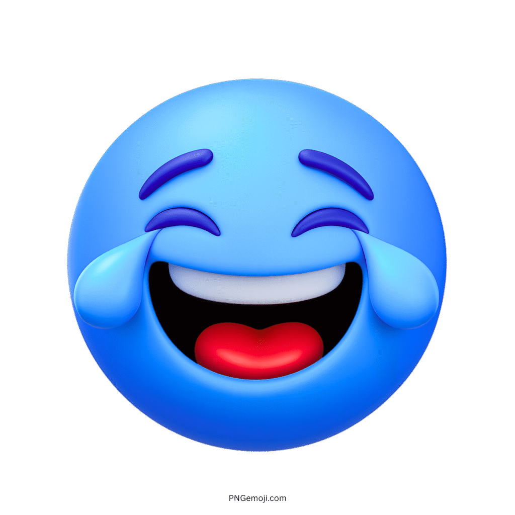 3D blue tears of joy emoji with happy face and laughing expression in PNG format