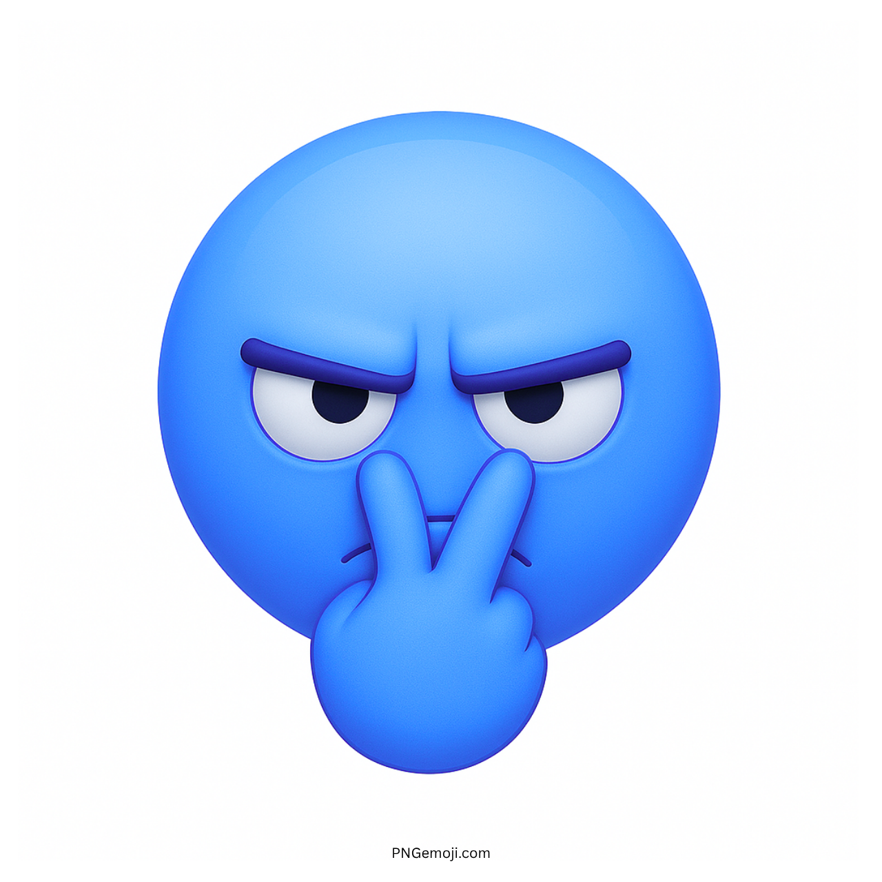 Blue 3D emoji with angry eyes and fingers pointing, watching closely with suspicion