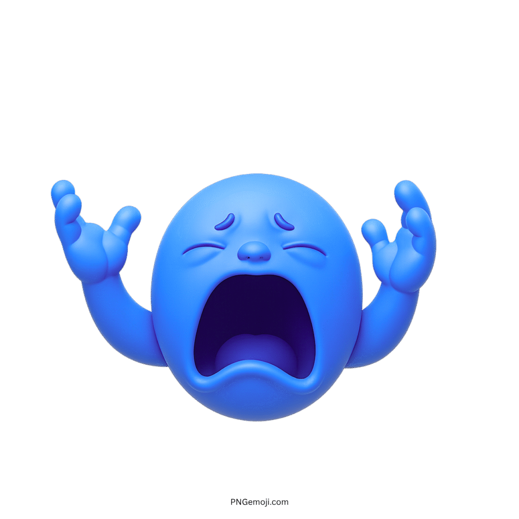 3D crying big baby emoji with blue face, raised arms, and sad expression