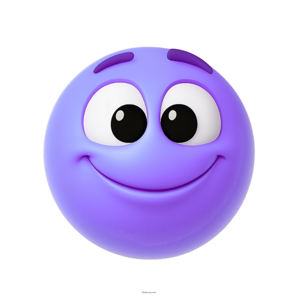 3D blue emoji face with big eyes and happy smile on transparent background