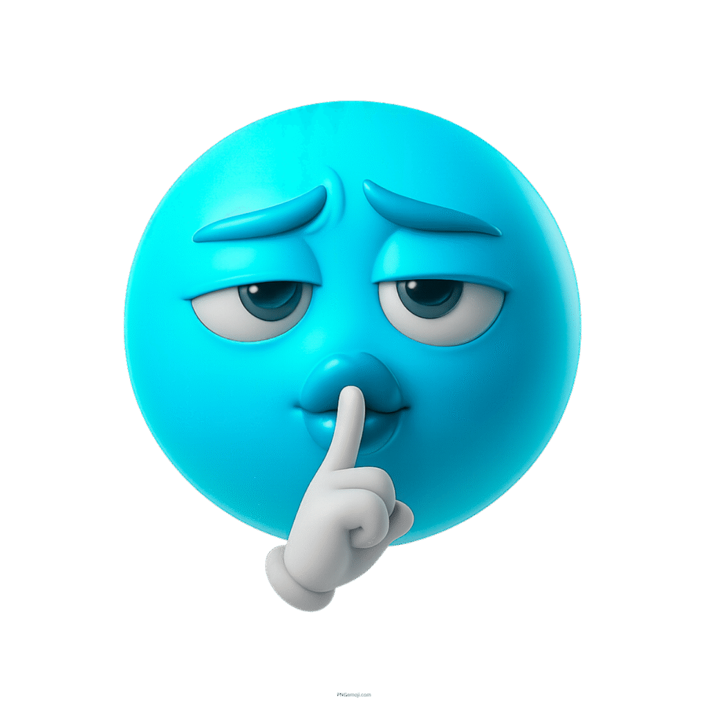3D cyan blue emoji face with hush gesture and finger on lips for quiet mode