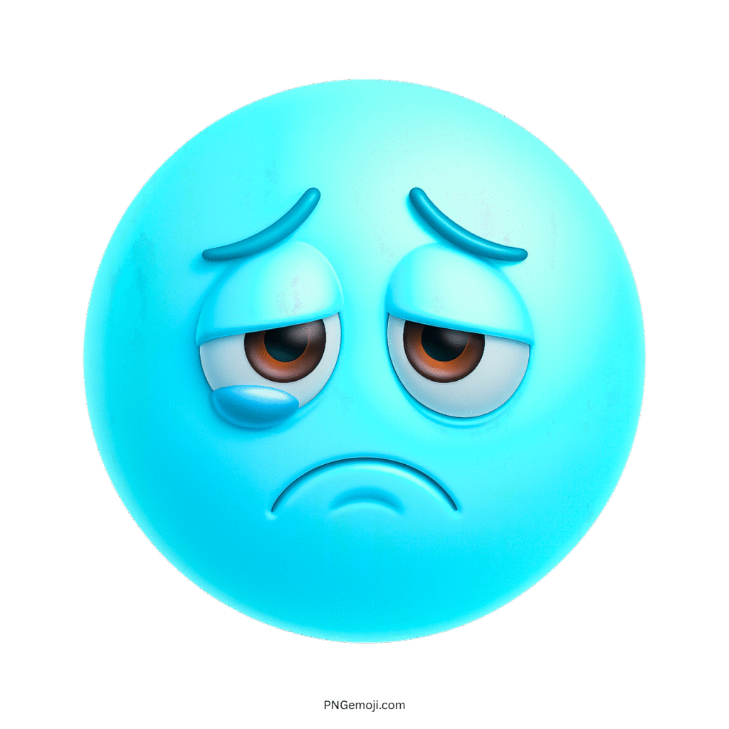 3D cyan blue sad emoji with teardrop, expressive sad eyes, and frowning face