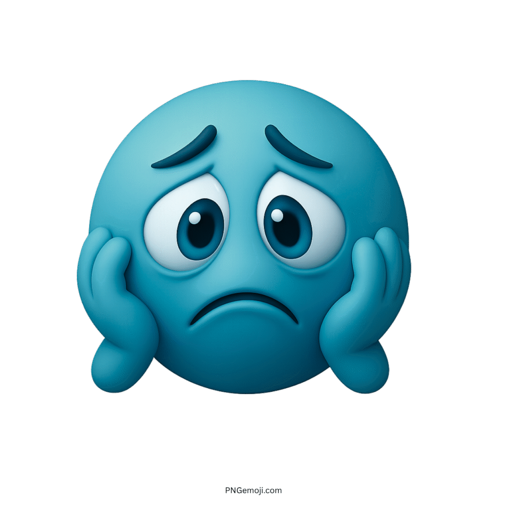 3D dark blue worried emoji face with downturned mouth and sad eyes
