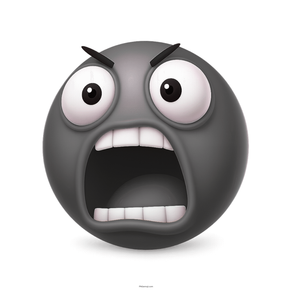 3D dark grey emoji face with open mouth, angry and shocked expression