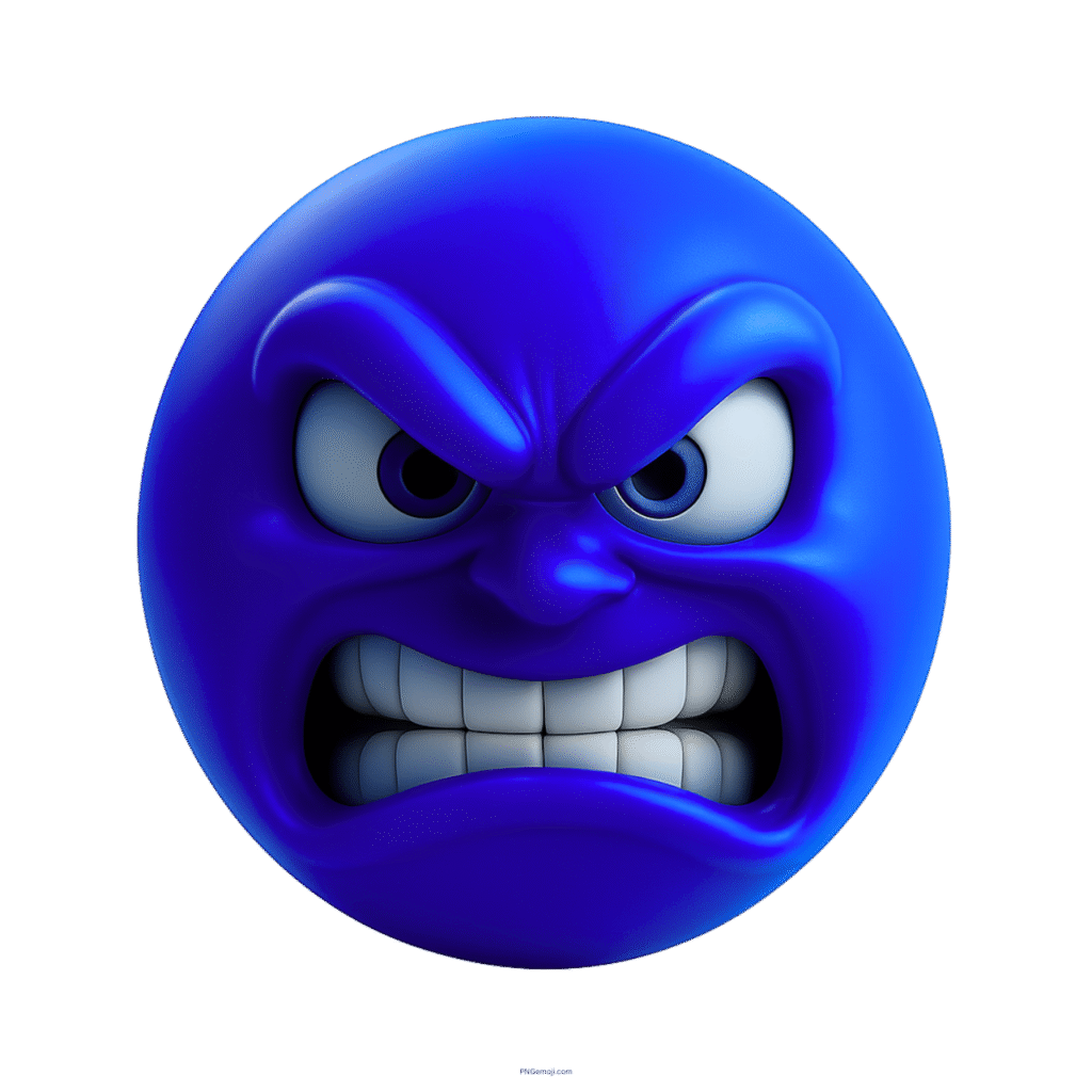 3D blue angry emoji face with enraged expression and gritted teeth