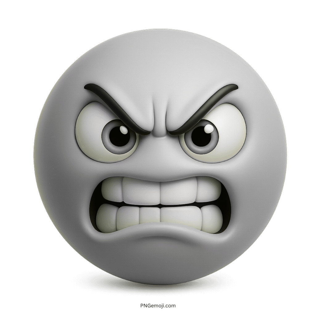 3D gray angry emoji with clenched teeth and intense scowl on transparent background