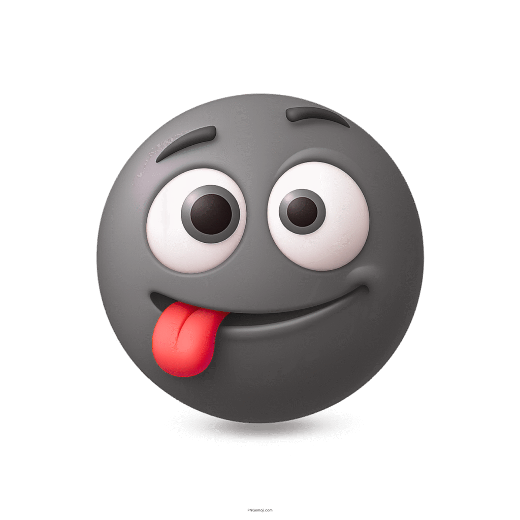 3D gray emoji with silly face and tongue out, funny playful cartoon expression