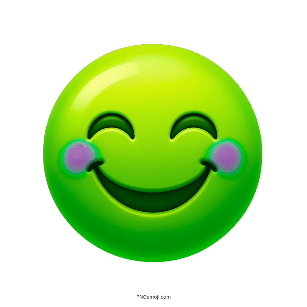 3D green big grin emoji with closed eyes and purple rosy cheeks
