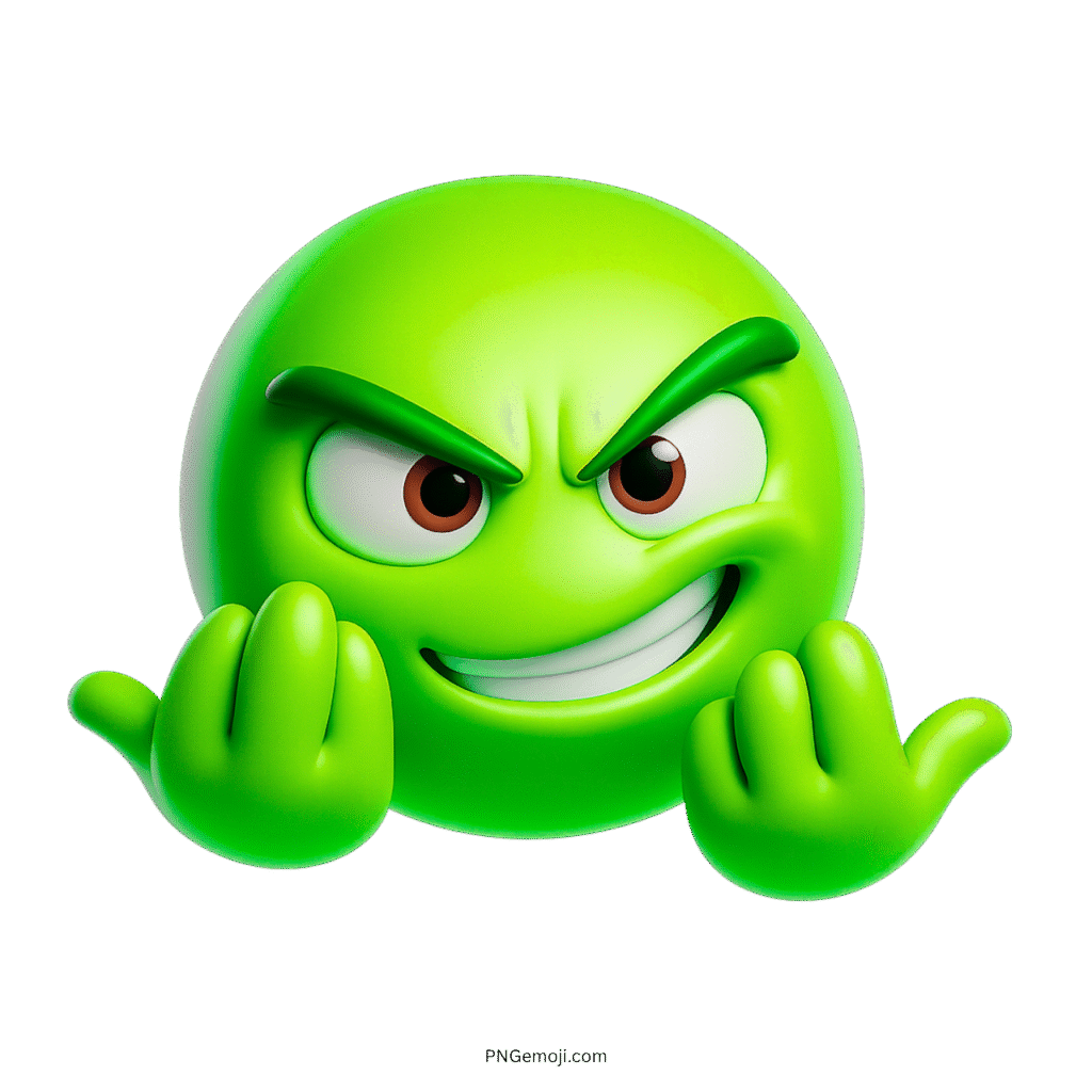 3D green C'Mon emoji with angry smirk and expressive come-on hand gesture