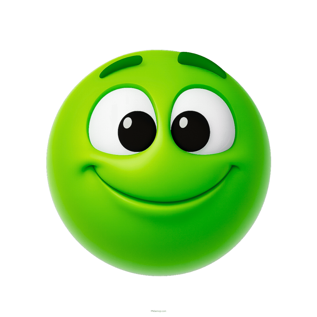 3D green emoji with cheerful smile and big expressive cartoon eyes