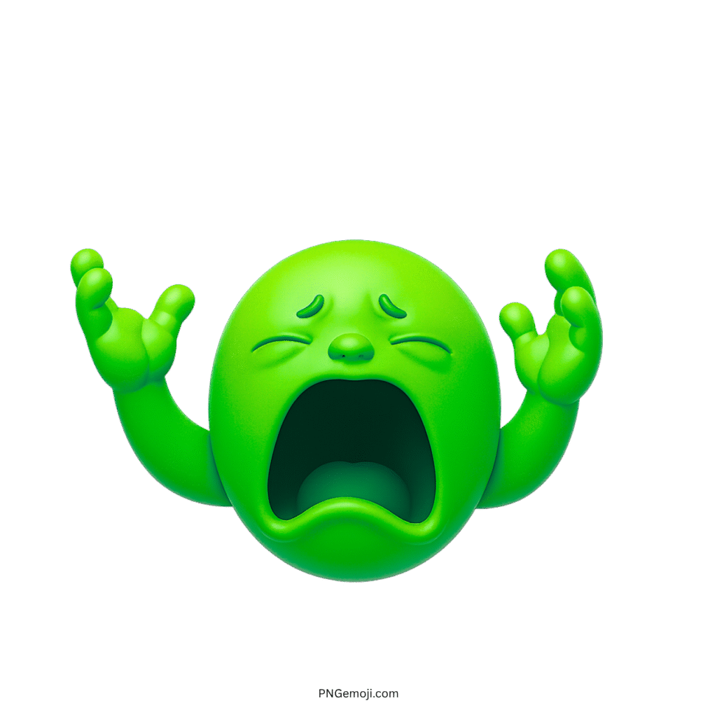 3D green crying big baby emoji with raised hands and emotional sad expression
