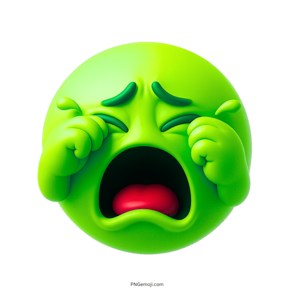 Green 3D emoji face crying loudly with sad expression and teary red mouth