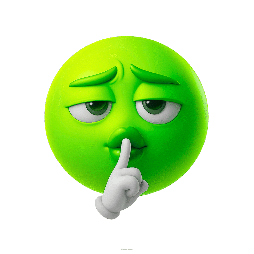 3D green emoji face with hush expression and finger on lips gesture of silence