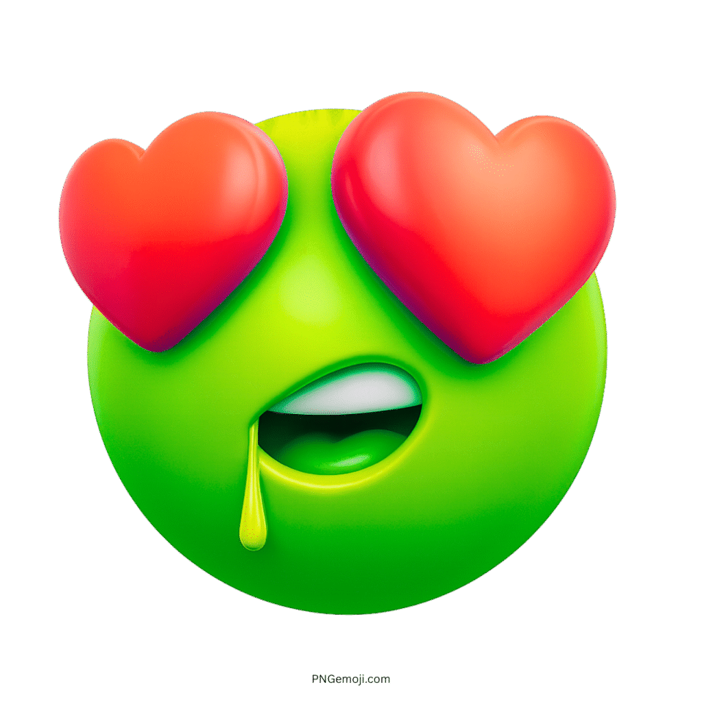 3D green emoji with heart eyes and drooling mouth showing romantic emotion