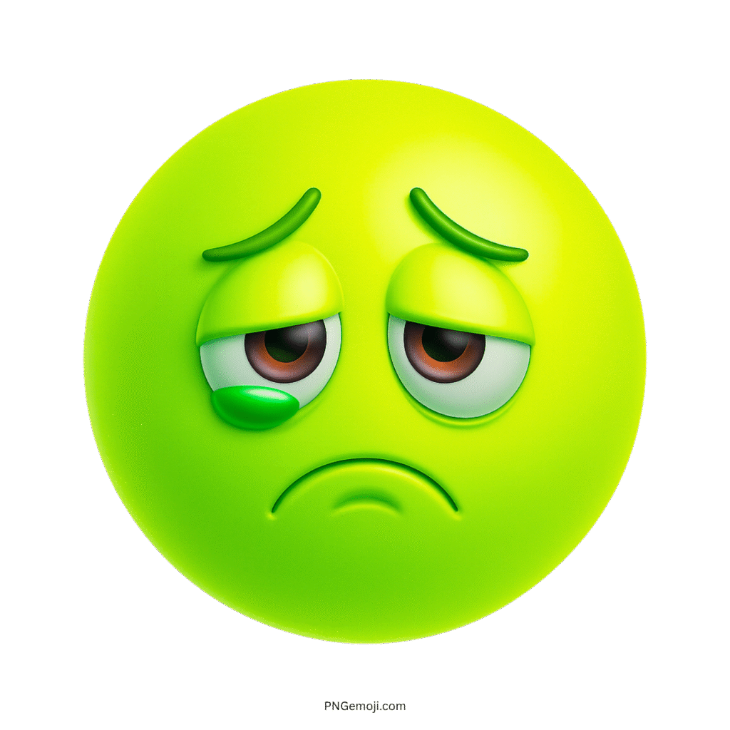 3D green sad emoji with teardrop and droopy eyes showing emotional pain
