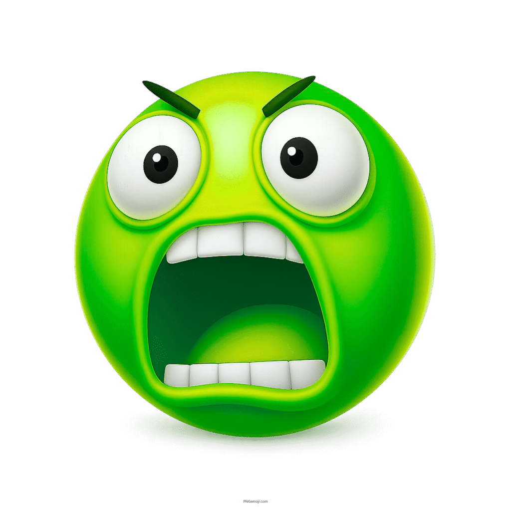 3D green emoji with wide open mouth showing anger and fear expression