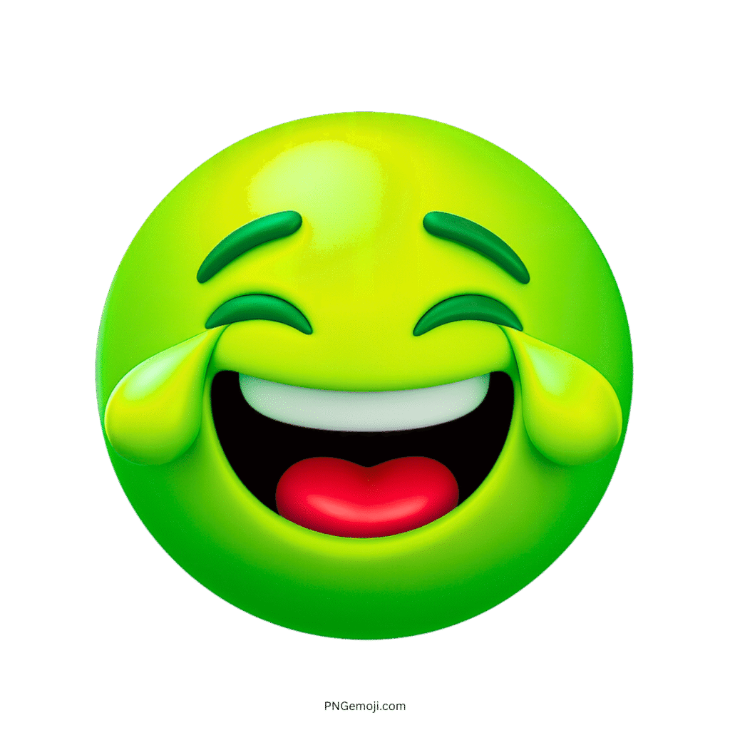 3D green emoji with laughing face and joyful tears, red tongue, high resolution PNG