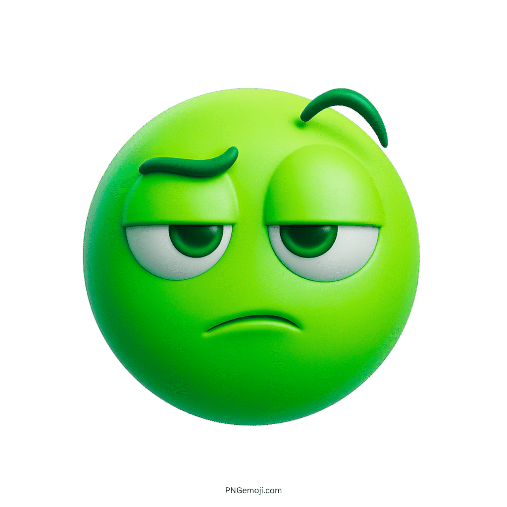 3D green emoji face with bored, unimpressed look and raised eyebrows on transparent background