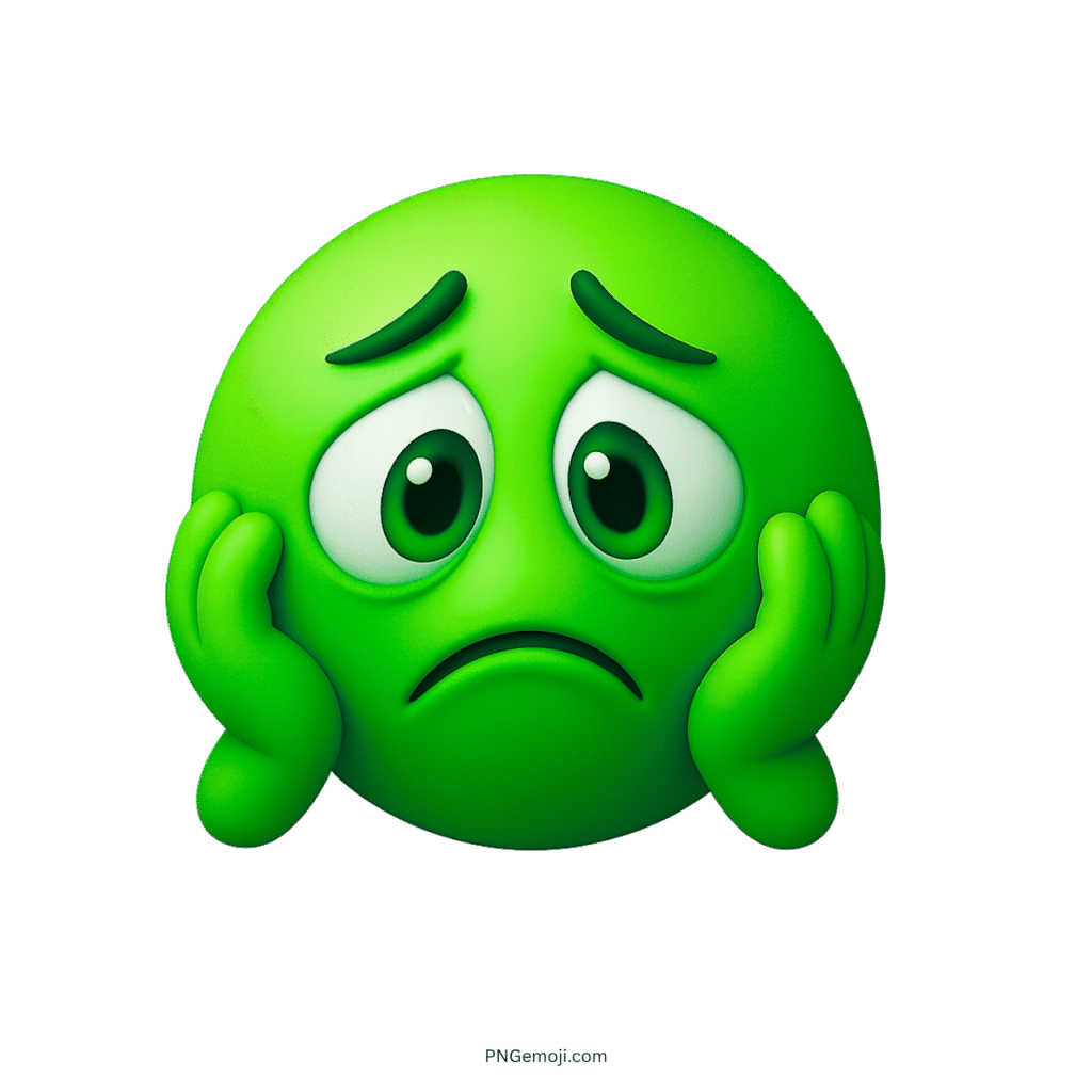 3D green worried emoji with sad eyes and hands resting on cheeks