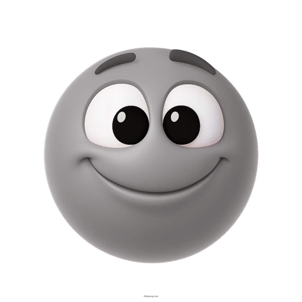 3D grey emoji with calm contented smile and wide expressive cartoon eyes