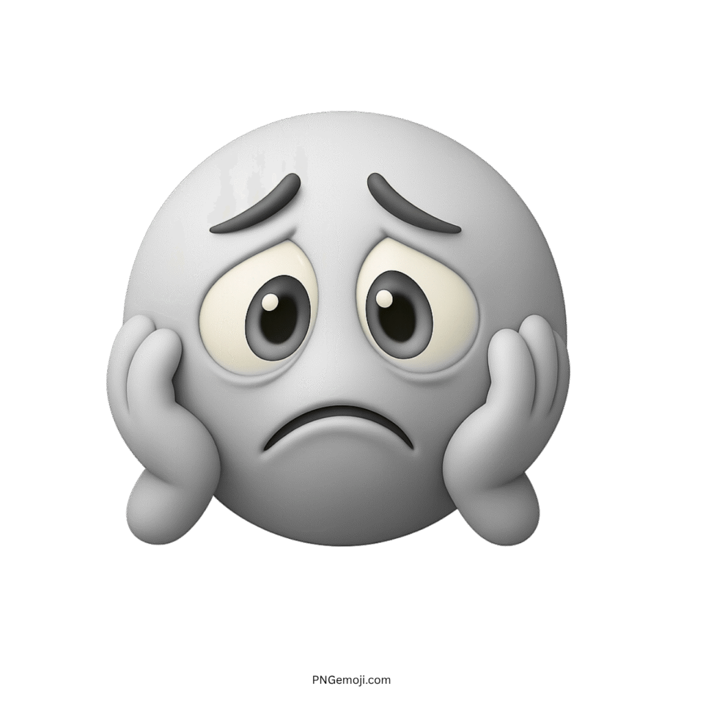 3D grey worried emoji face with sad eyes and hands resting on cheeks