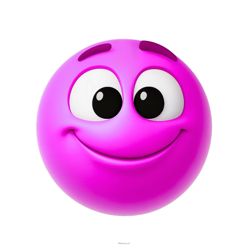 3D pink emoji with big eyes and a wide content smile on transparent background