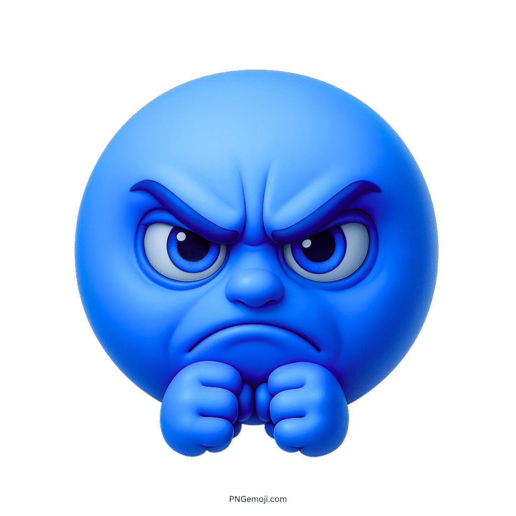 3D irritated blue emoji with clenched fists and angry facial expression on transparent background
