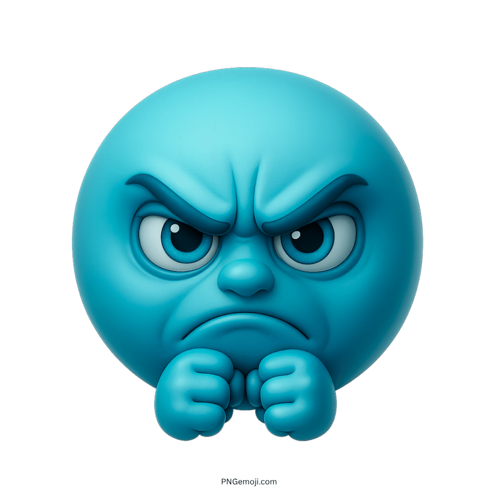 3D cyan blue angry emoji with clenched fists and fierce irritated face transparent
