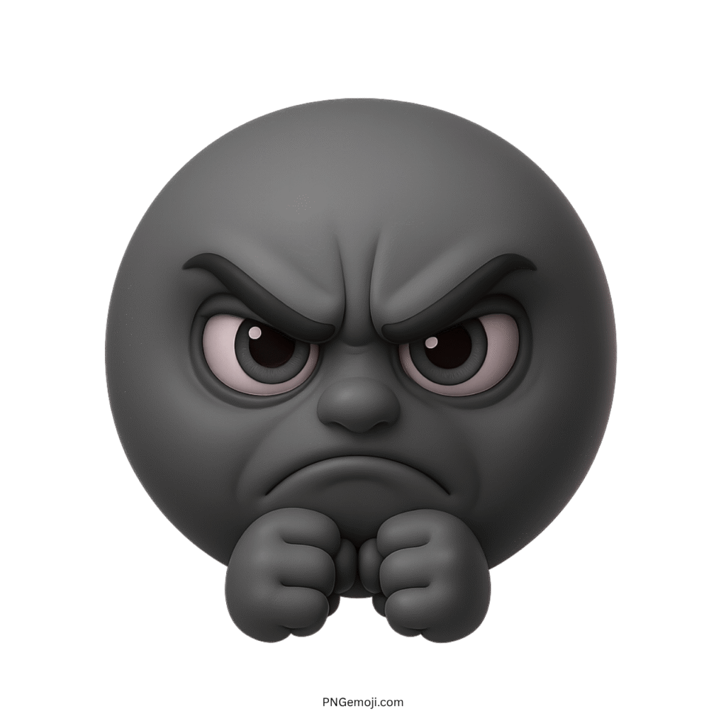 3D dark grey irritated emoji with clenched fists and angry eyes on transparent background