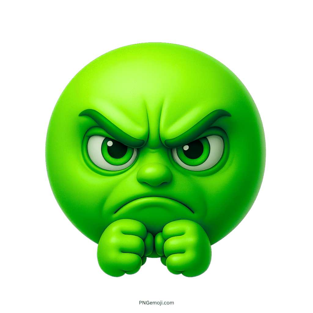 3D green angry emoji with clenched fists and intense irritated facial expression on transparent background