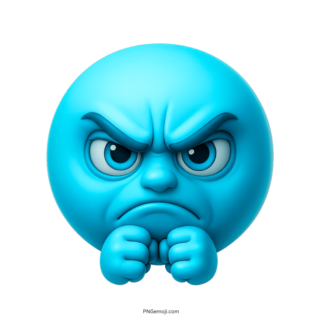 3D light blue angry emoji with clenched fists and irritated expression on transparent background