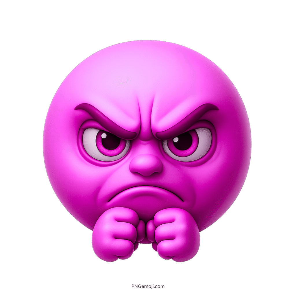 3D pink angry emoji with clenched fists and fierce irritated expression on transparent background