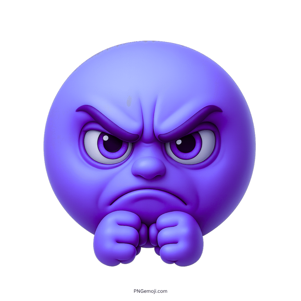 3D purple angry emoji with clenched fists and irritated expression on transparent background